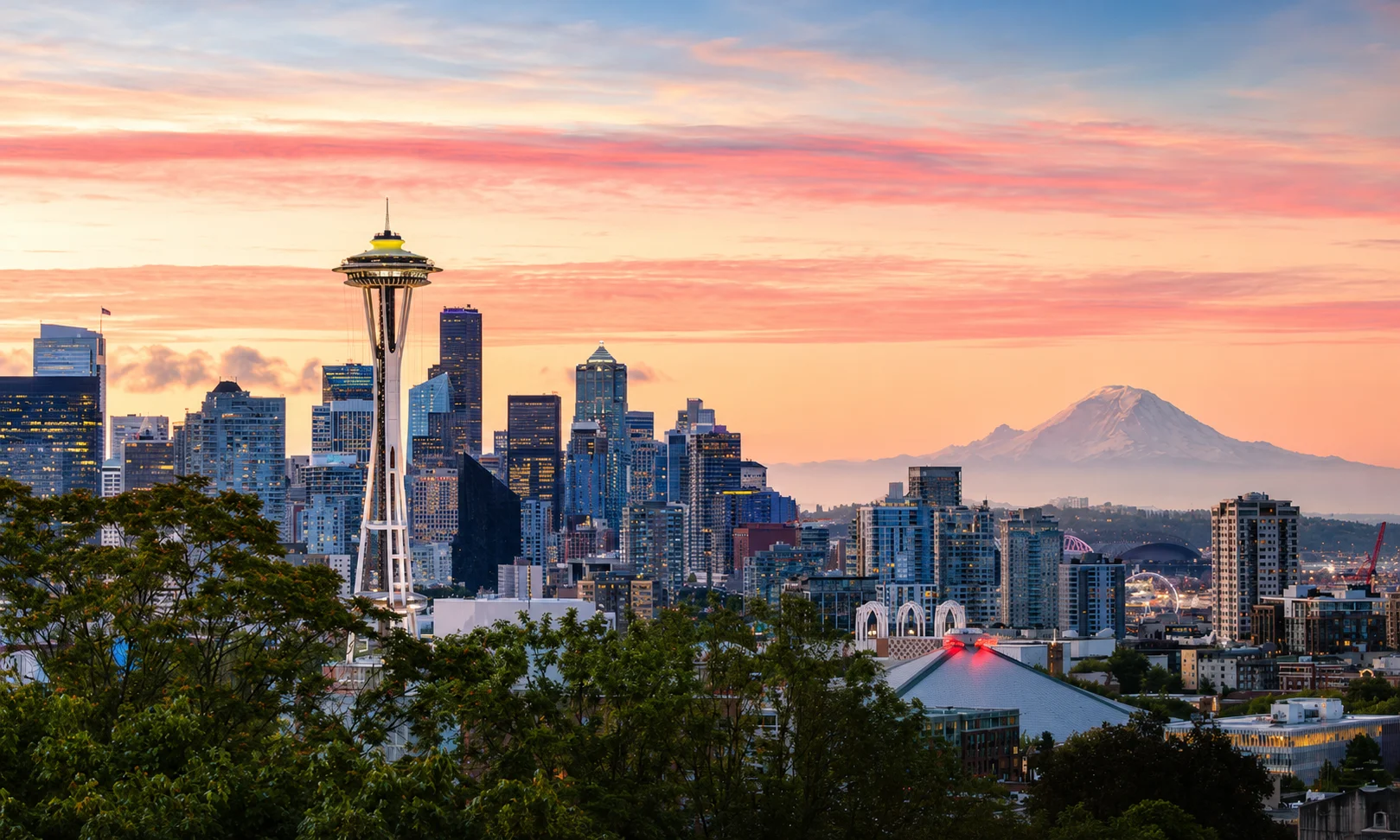 Seattle skyline and Mount Rainier seen across Lake Washington